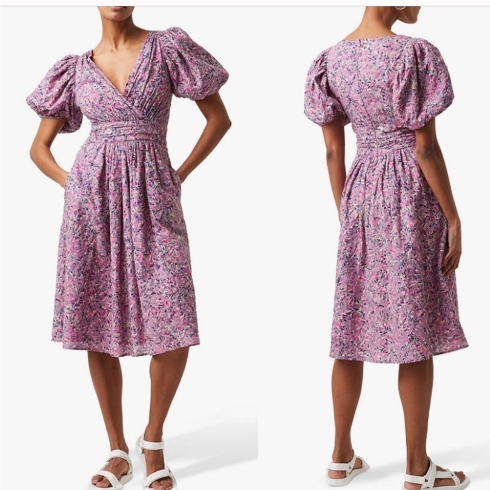 French Connection Pink Floral Midi Dress- V-neck puff sleeves